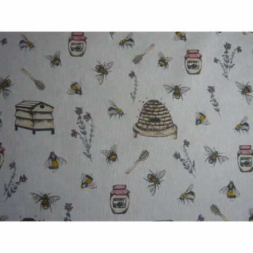 0,80m RESTSTÜCK Stoff Canvas / Dekostoff Bienen / Bienenstöcke / Honig / Imkern auf hellbeige Leinenoptik
