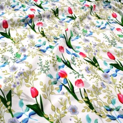 Baumwolljersey rote Tulpen & Gräser auf weiß – Jersey-Stoff Meterware ÖkoTex für Kleider, Röcke & mehr