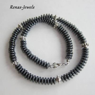 Herren Kette Edelstein Hämatit Scheiben schwarz silberfarben Männerkette Edelsteinkette