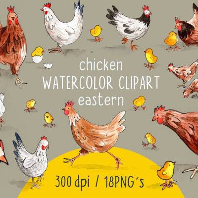 HUHN AQUARELL CLIPART, Hühner-Clipart-Set, Hühner und Kücken zum Downloaden