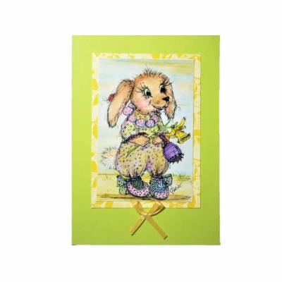Hase in Schühchen mit Osterglocke Frühling maigrün Grußkarte im vintage look