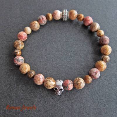 Herren Edelstein Armband Landschafts Jaspis braun rot beige marmoriert silberfarben Männer Skull Armband Totenkopf