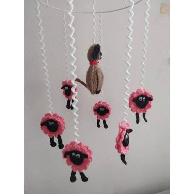 Handgefertigtes Mobile _ Pinke Schäfchen mit Wachhund _ Kinderzimmerdeko _ gehäkelt 