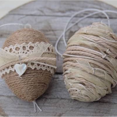 OSTEREIER*DEKO*VINTAGESTIL*LANDHAUSSTIL*WEISS/BEIGE*JUTEBAND/SPITZE