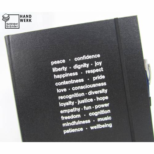 Notizbuch DIN A4 schwarz, Stiftschlaufe, 150 Blatt, peace freedom love respect hope power, Best Wishes