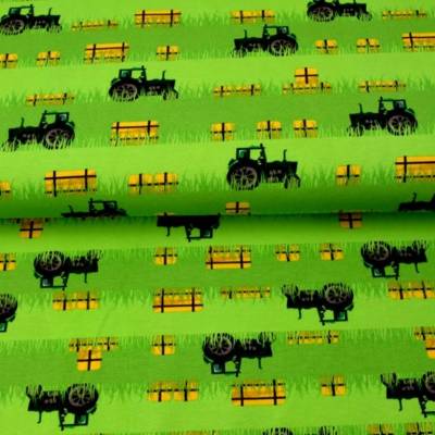 Baumwolljersey Trecker mit Strohballen – Traktor auf dem Feld, Meterware zum Nähen von Shirts & Mitwachshosen