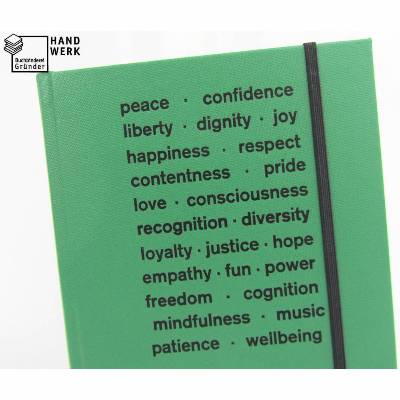 Notizbuch hell-grün, peace freedom love respect hope power, DIN a5, Best Wishes, Prägung schwarz