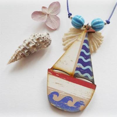 Lange Lederkette mit Holzanhänger Schiff - XXL Bettelkette,maritim,blau