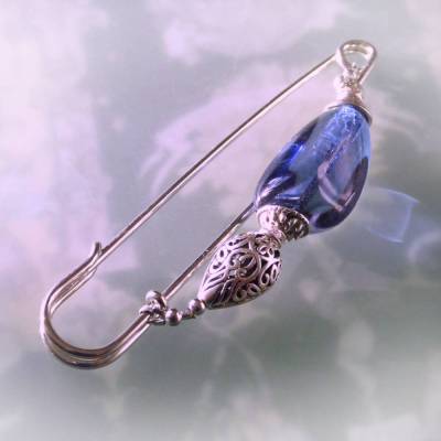 Schalnadel blau silber böhmisches Glas, 10cm lange Kiltnadel mit großem Glasnugget N10-S-14
