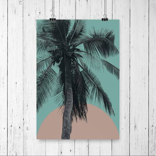 Palme vor der untergehenden Sonne, Illustration tropischer Druck, DIN A4 Wandbild Wandkunst Bild Poster, braun und grün