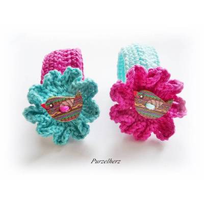 1 gehäkelter Serviettenring mit Holzknopf Vogel nach Farbwahl - Serviettenhalter,Tischdeko,Geschenk,fuchsia,türkis,jade