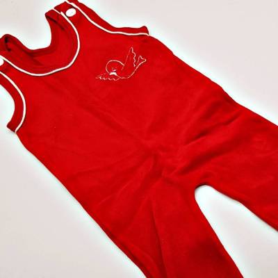 Vintage, roter Baby Strampler mit Füßen, Größe 74 eingestickter kleiner Vogel, Nicki, weiße Knöpfe
