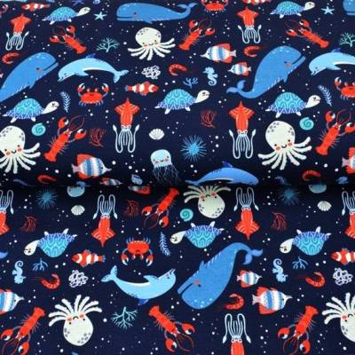 Baumwolljersey Meerestiere Blau – Öko-Tex Jersey mit Delfinen, Walen & Kraken | Kathinoh