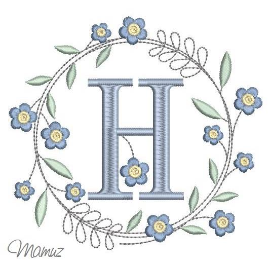 Monogramm  *  H  *  im Frühlings atemberaubendem Blumenkranz - Stickdateien in 5 Größen Bild 2
