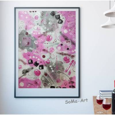 Acrylbild harmonisches Farbspiel Pink mit geometrischen Formen auf Malpapier, ungerahmt, Wandbild, Kunst