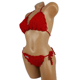 Bikini Damen gehäkelt rot Häkelbikini Spezialgarn Bogenkante
