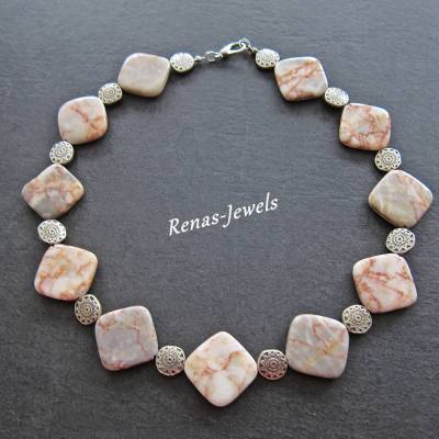 Edelstein Collier Jaspis Perlenkette beige grau orange marmoriert silberfarben Unikat