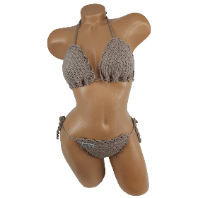 Bikini Damen gehäkelt dunkel-beige Häkelbikini Spezialgarn Bogenkante