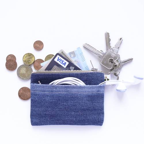 Upcycling-Geldbörse, Jeans, Schlüsseletui, Kopfhöhrertasche, Kreditkartentasche, Portemonnaie