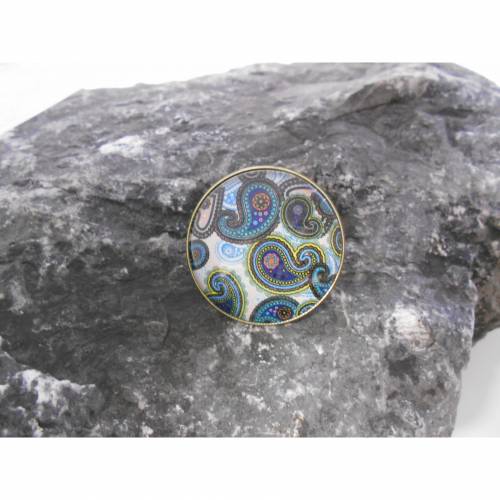 Retro Vintage Paisley Paisleymuster   Brosche 30 mm  rund mit Glascabochon 