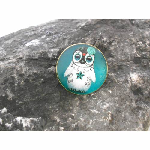 Niedliche Eule Kautz Uhu  Brosche 30 mm  rund mit Glascabochon 