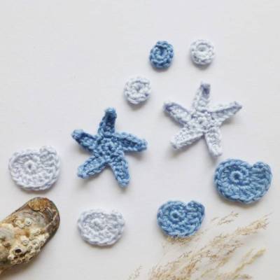 9-teiliges Häkelset: Unterwasserwelt,Seesterne,Schnecken - Meerestiere,Tischdeko,Häkelapplikation,Aufnäher,blau