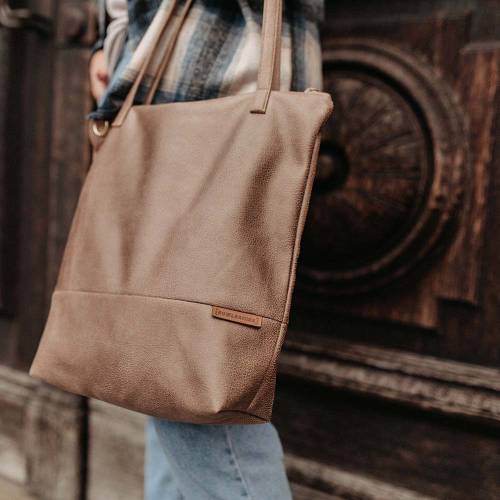 Lederfaserstoff Shopper & Umhängetasche Hellbraun mit Reißverschluss