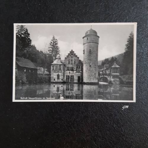 Vintage Postkarte Schloß Mespelbrunn im Spessart – Ansichtskarte schwarz-weiß 40er Jahre