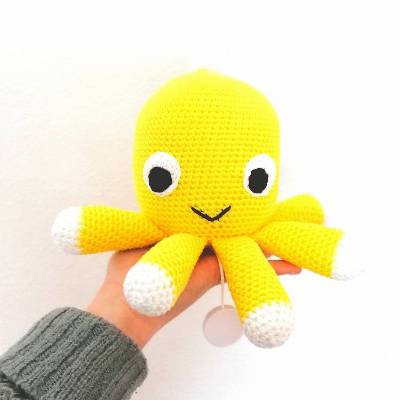 Spieluhr gehäkelt, Octopus / Krake, Gelb, Wasserdicht, 100 % Baumwolle, Wunschfarbe