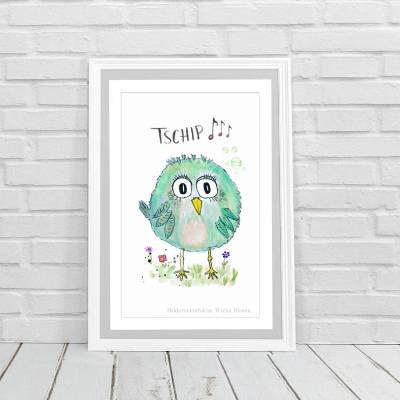 Birdies TSCHIP... Print Poster Wanddeko Kinderzimmer mit Spruch Handlettering Aquarellzeichnung Vogel Geschenk kaufen