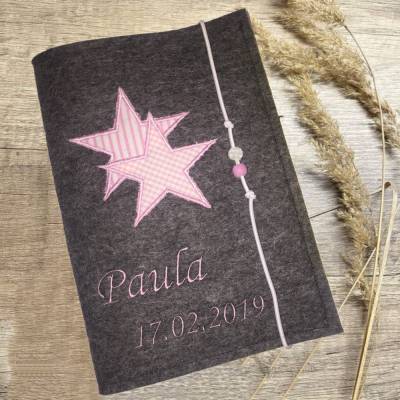 U-Hefthülle Wollfilz bestickt rosa STERNE Impfpass Untersuchungsheft Schutzhülle Schutzumschlag personalisierbar 
