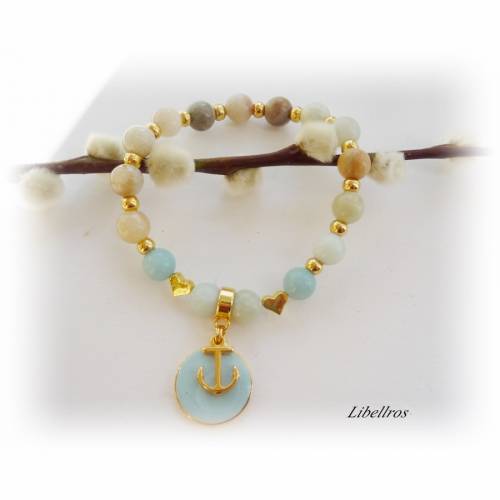 Elastisches Armband mit Anker u. Edelsteinen - Edelsteinarmband,Amazonit,maritim,modern,goldfarben