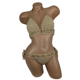 Bikini Damen gehäkelt hell-beige Häkelbikini Spezialgarn Blumenborte