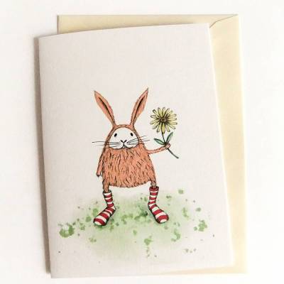 Klappkarte DinA 6 mit Umschlag, Hase in Ringelsocken