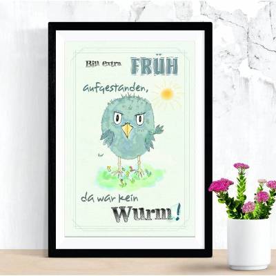 Birdies DER FRÜHE VOGEL... Digitalprint Poster Aquarellzeichnung Wanddeko Bild mit Spruch Zitat lustig Geschenk kaufen