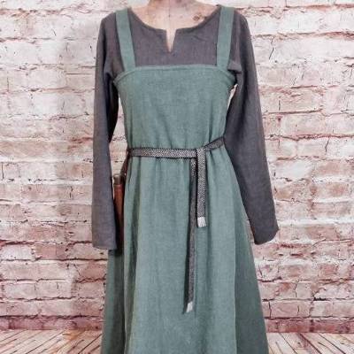 Wikinger Leinen oliv, stone washed,  Schürzenkleid Salbei, Überkleid used look, Mittelalter Kleid, Wiki Schürze
