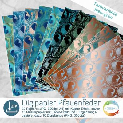 Digipapier Pfauenfeder mit Kupfer-Optik, Farbvariante Blau-Grün, Türkis, mit passendendem DigiStamp zum Sofortdownload