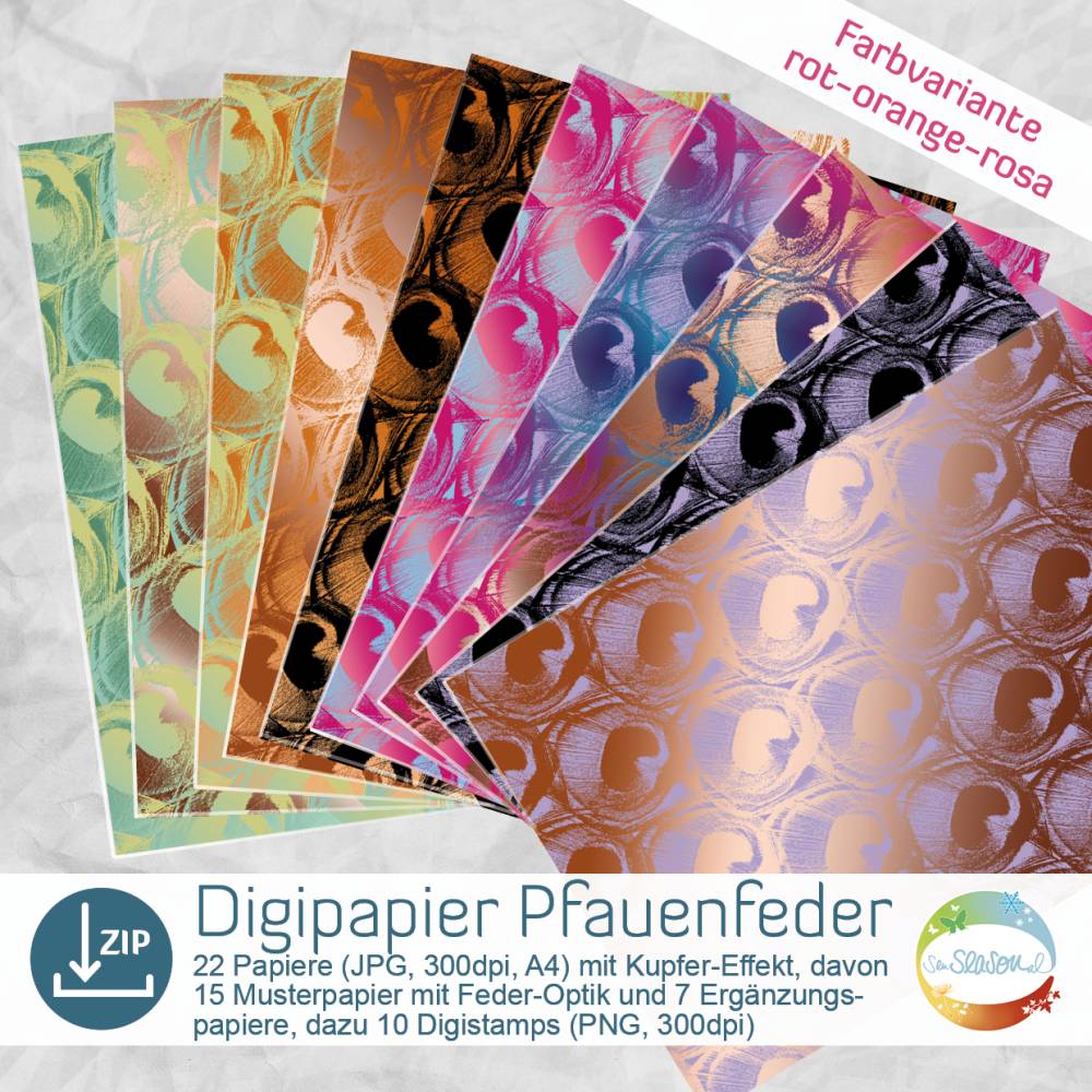 Digipapier Pfauenfeder mit Kupfer-Optik, Farbvariante Orange, Rosa, mit passendendem DigiStamp zum Sofortdownload Bild 1