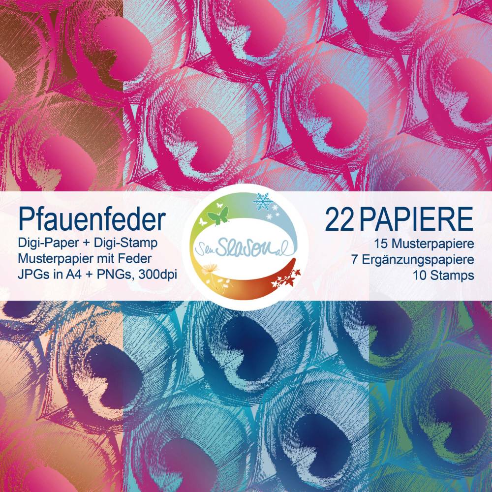 Digipapier Pfauenfeder mit Kupfer-Optik, Farbvariante Orange, Rosa, mit passendendem DigiStamp zum Sofortdownload Bild 10