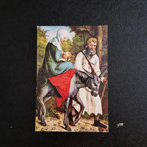 Vintage Postkarte Flucht aus Ägypten – Maria, Joseph & Kind auf Esel – Fotokarte Familienbesitz