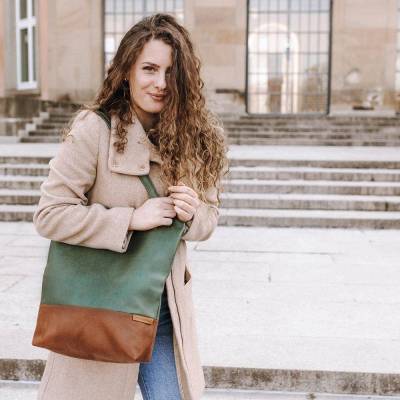Lederfaserstoff Shopper & Umhängetasche Khaki & Braun mit Reißverschluss