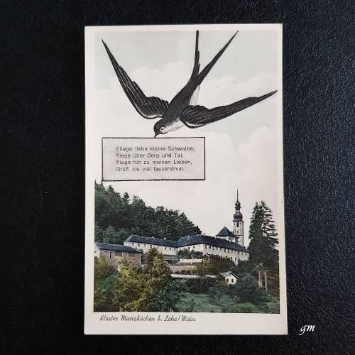 Vintage Postkarte Kloster Mariabuchen mit Schwalbe – unbeschrieben, Fotokarte mit Spruch