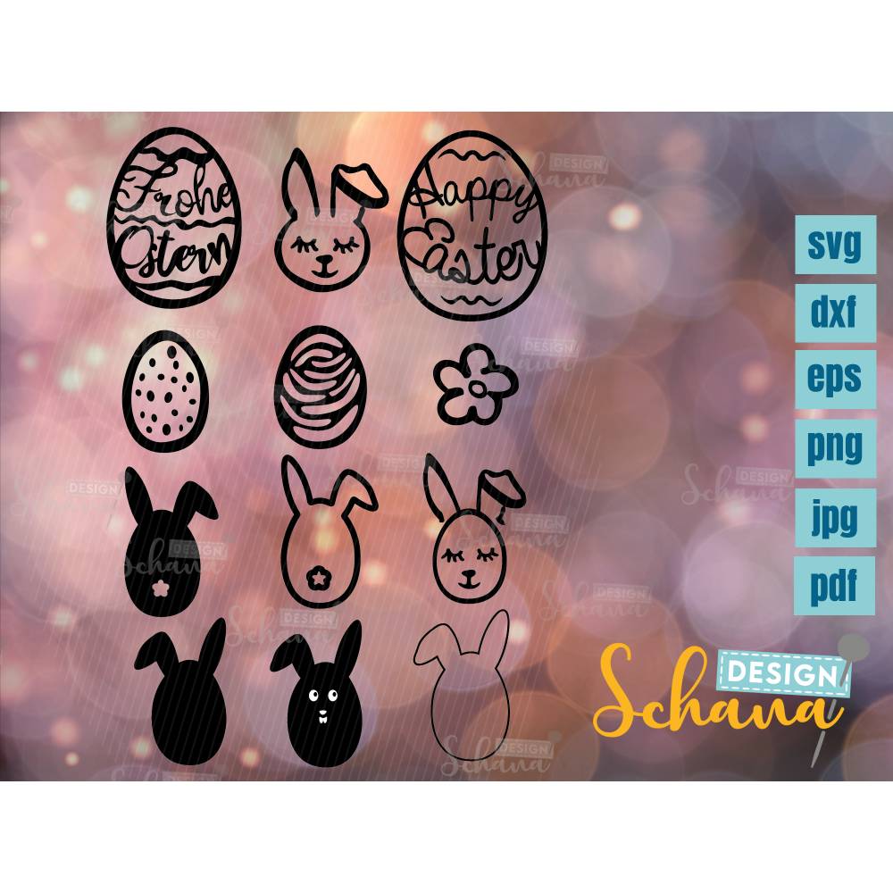 Osterei Osterhase Set Frohe Ostern SVG Plotterdatei Vektorgrafik dxf eps Digistamp png jpg pdf lasercut basteln zu oster Bild 1