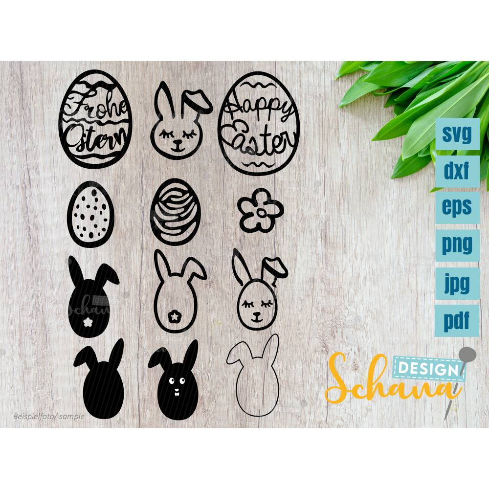 Osterei Osterhase Set Frohe Ostern SVG Plotterdatei Vektorgrafik dxf eps Digistamp png jpg pdf lasercut basteln zu oster Bild 2