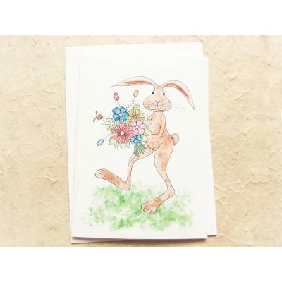 Karte, Hase mit Blumenstrauß, Klappkarte DinA 6, mit weißem Umschlag.