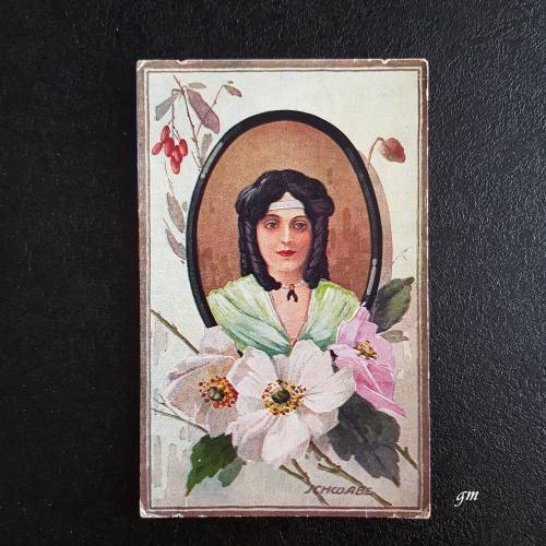 Vintage Grußkarte gemalte Frau im Bilderrahmen mit Blumen – Schwabe E.B.D. Serie 4308/1