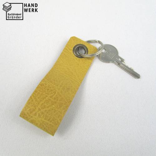 Schlüsselanhänger, Leder, ocker-gelb, Schlüsselring rund, 11 x 3,5 cm