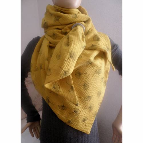 XXL Dreiecktuch  / Musselin Double Gauze / Senfgelb mit schwarzen Gingkoblüten / Schaltuch / Halstuch/ Wickelschal