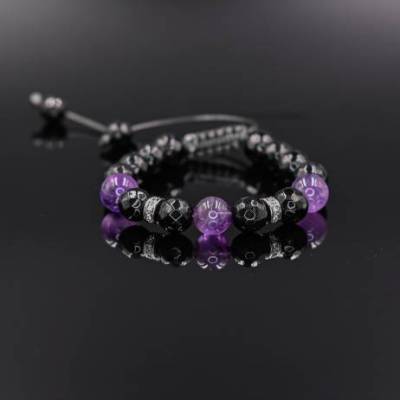 Damen Armband aus Edelsteinen Achat Amethyst und Cubic Zirkonia mit Knotenverschluss, Makramee Armband, 10 mm