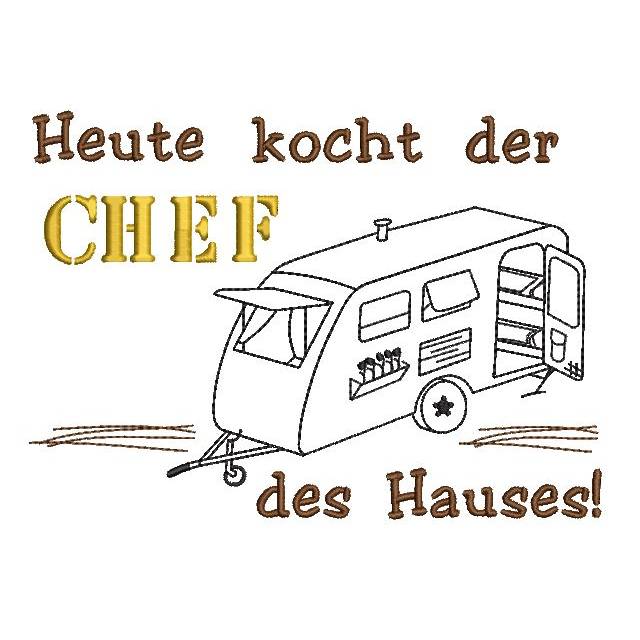 Stickdatei Camping für Geschirrtuch Schürze CHEF mit Wohnwagen Bild 1